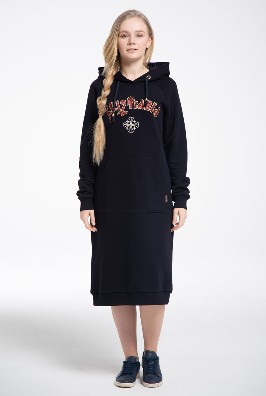 Navy Terracotta Embroidered Hoodie Dress