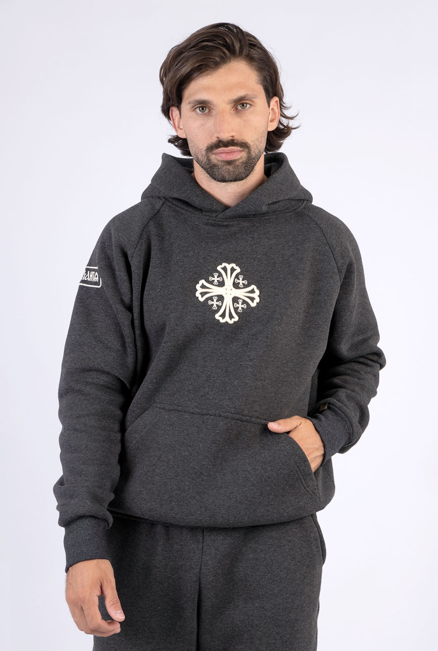 gray hoodie with cross