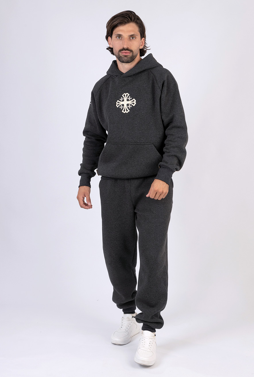 sweatshirt and jogger suit with a cross