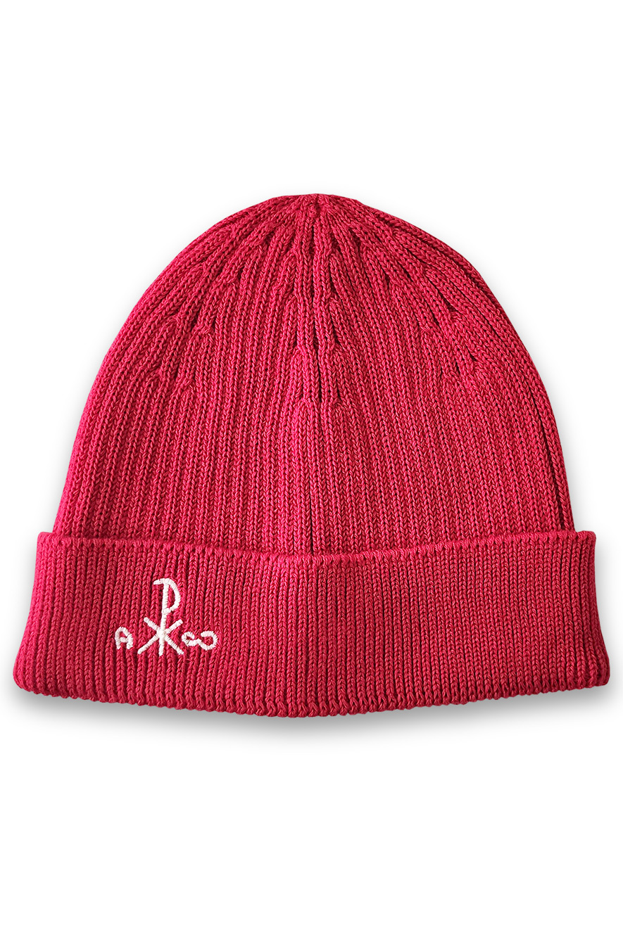 red beanie hat with christogram