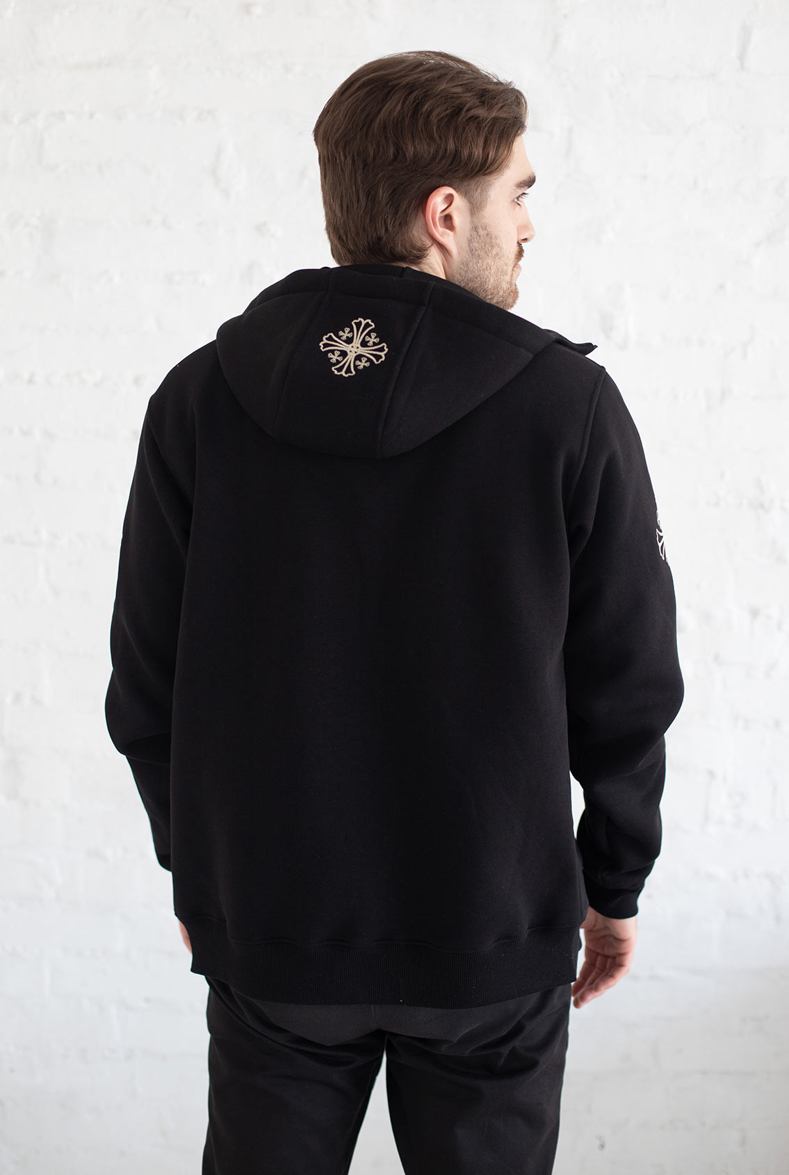 Black hoodie with gray cross