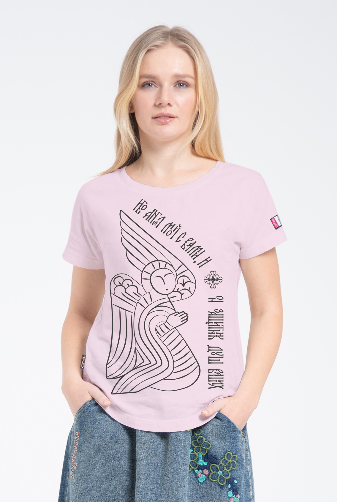 pink women's t-shirt with an angel