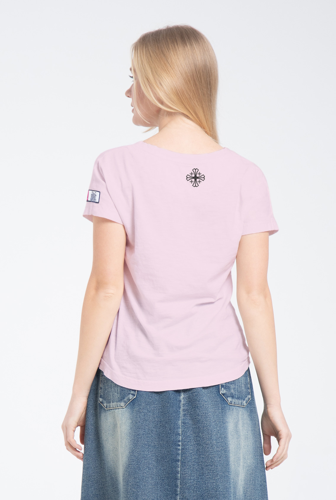 pink women's t-shirt with a cross