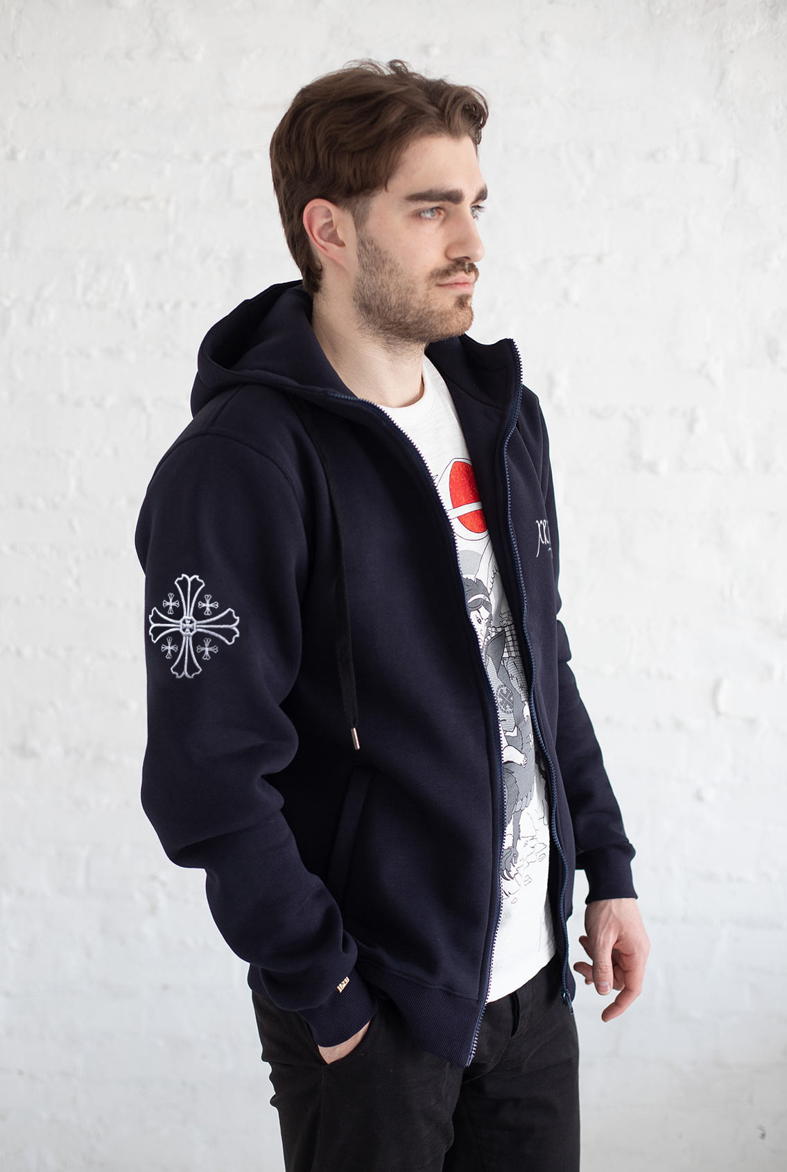 blue hoodie with gray cross