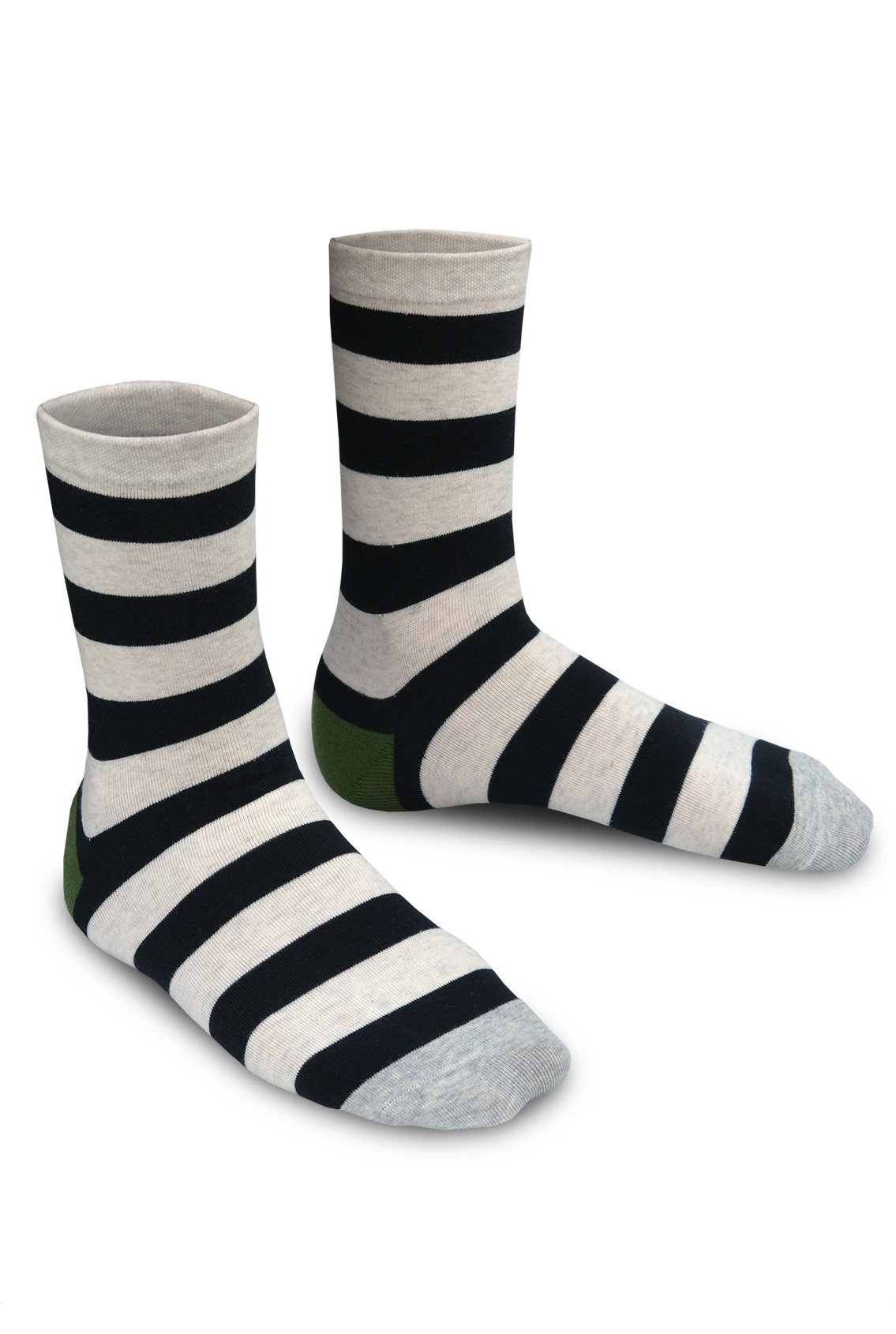 black striped socks with green heel