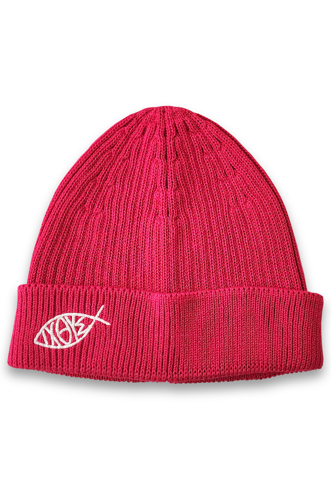 red knitted hat with Ιχθύς symbol