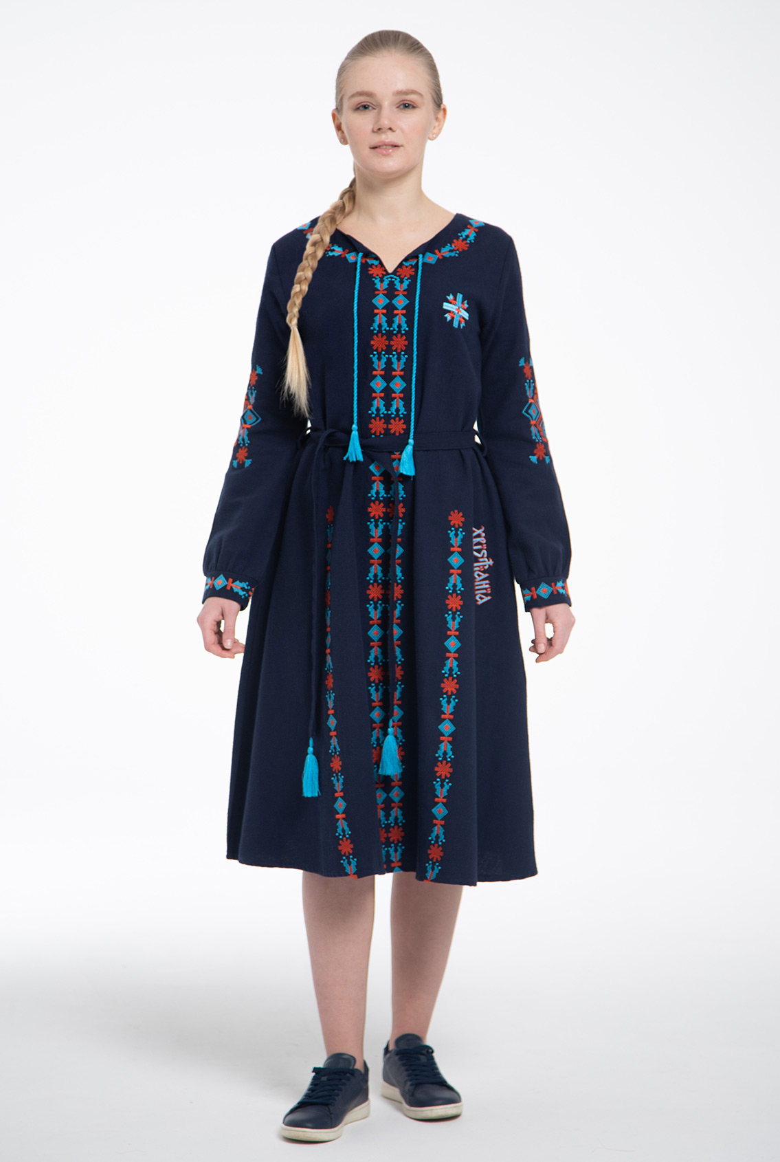 blue dress with embroidery